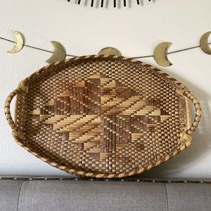 Vintage Woven Raffia Rattan Geo Holiday Handle Serving Home Decor  11 x 16 Tray